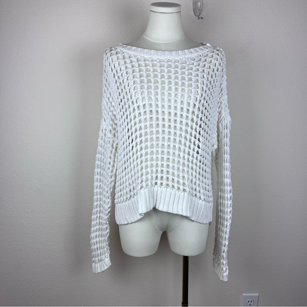 Express Sweater Womens Medium White Crochet Beach Coastal Cotton Minimal Classic